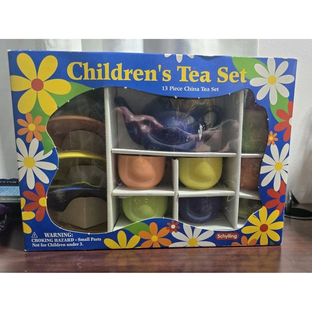 Schylling Children's 13 Piece Tea Set Play Toy Blue, Green, Orange & Yellow
